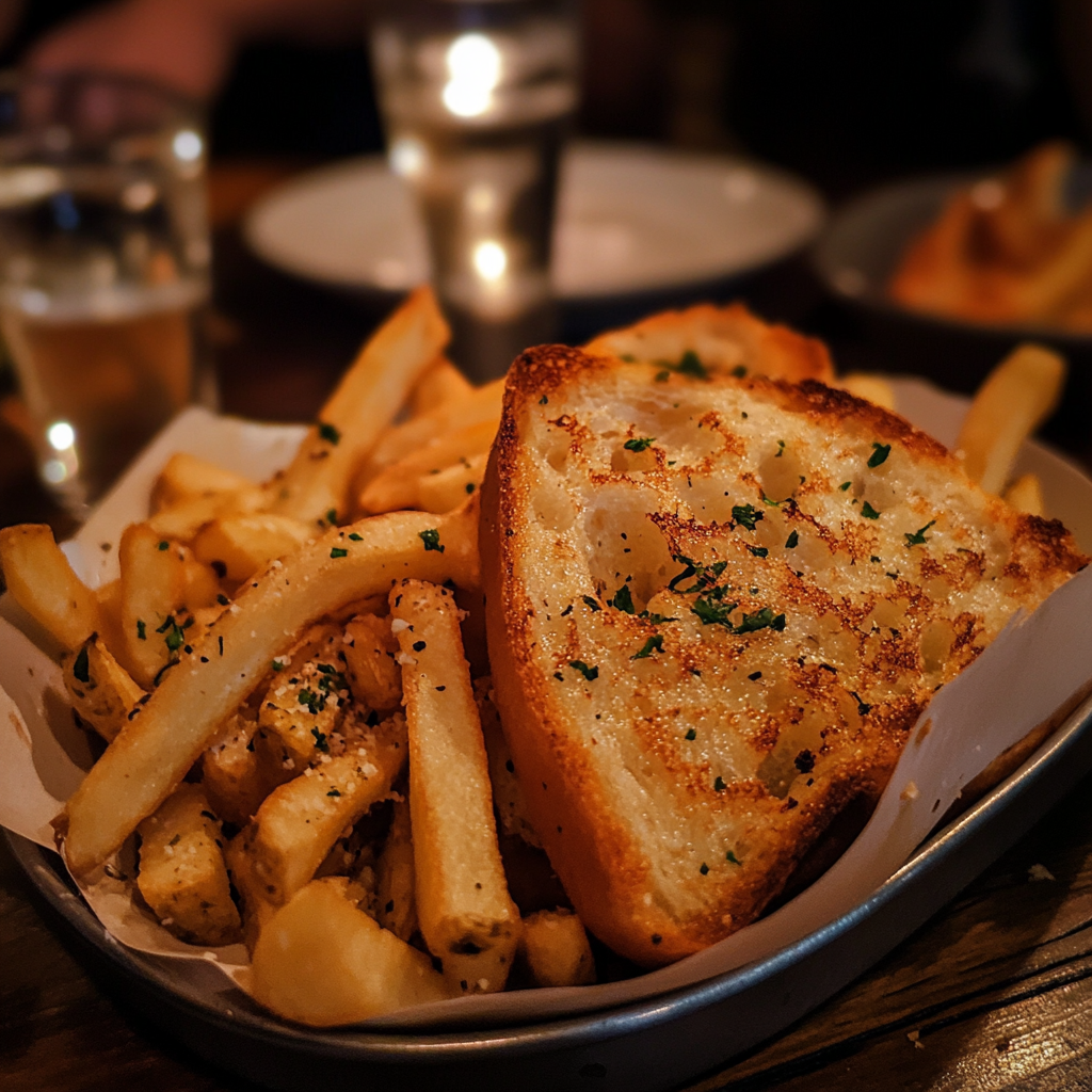 Fries and garlic bread on a table at a restaurant | Source: Midjourney