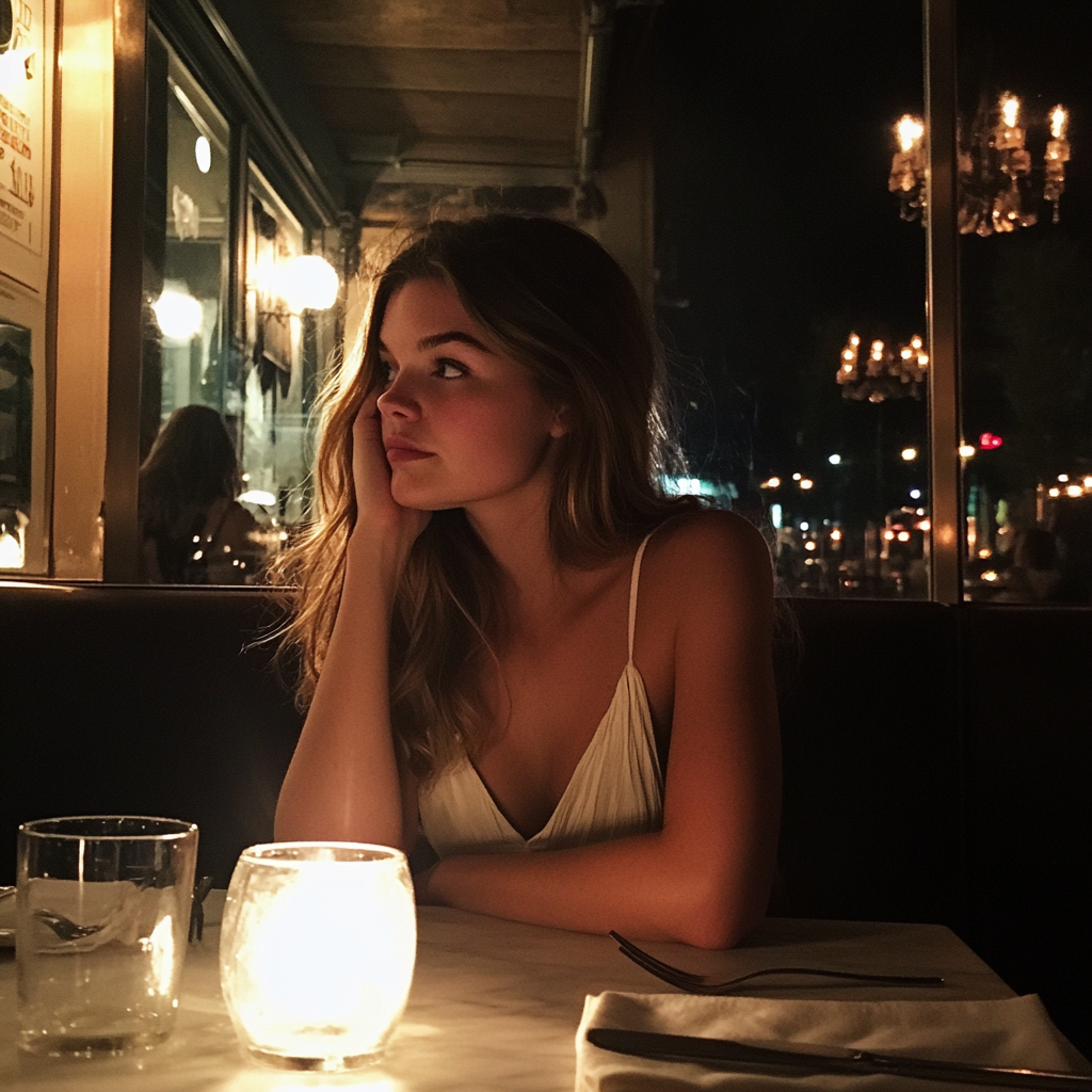 A woman sitting at a restaurant | Source: Midjourney