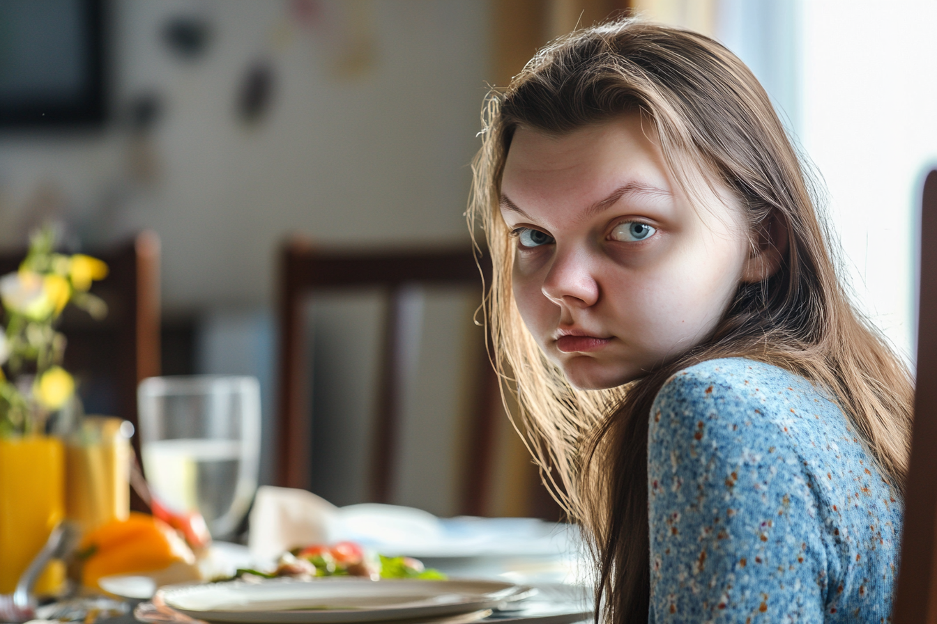 A teenage girl at the dinner table | Source: Midjourney